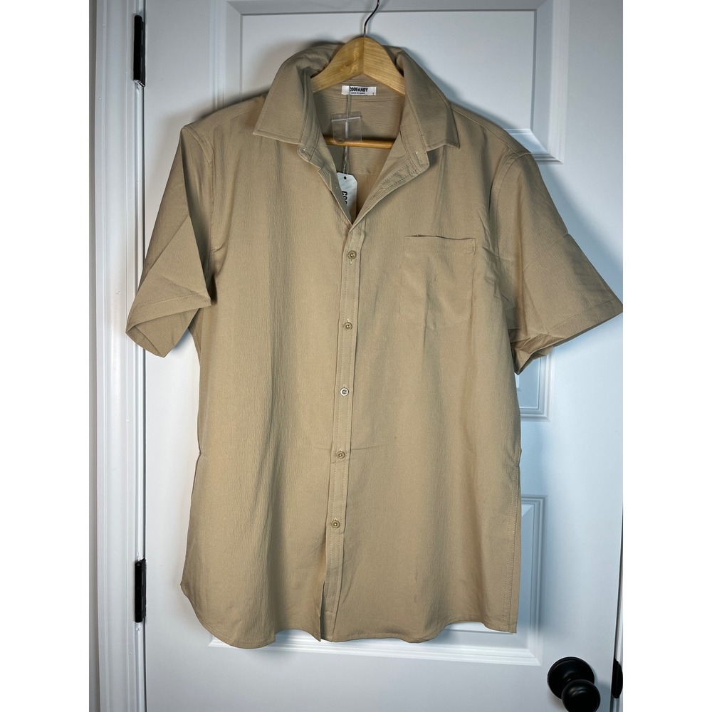 Coofandy Mens Short Sleeve Button Down Shirt Tan Khaki Textured Pocket Large NWT